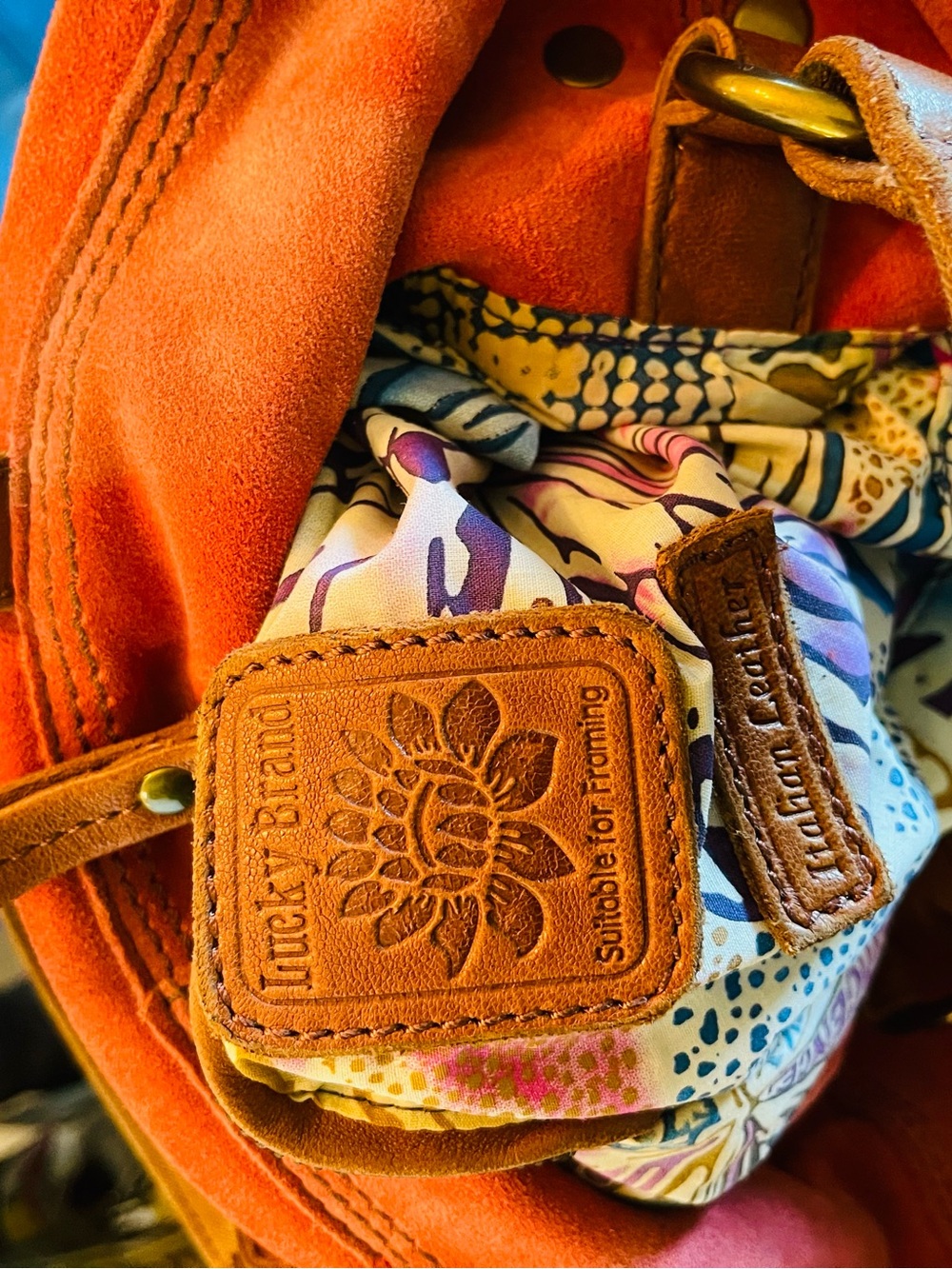 Lucky Brand Orange Suede Bucket Bag with Floral Liner and Leather Logo